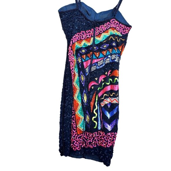 Black Beaded Dress 80s XS Together Silk Black Colorful - Picture 11 of 16